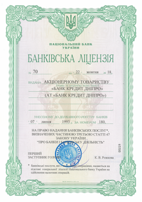 Сертификат Банк Кредит Дніпро